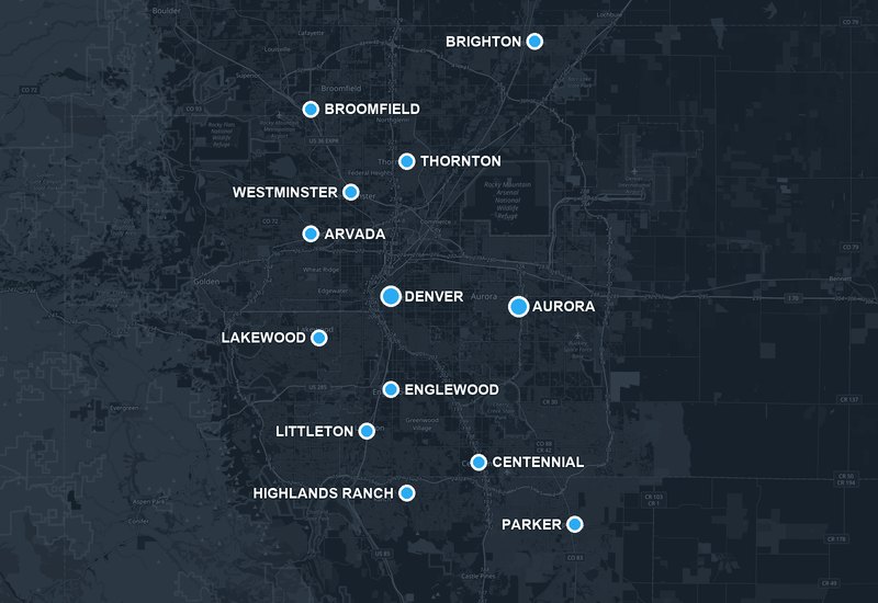 Map of the Denver metro marking the cities we serve, from Brighton and Broomfield in the north to Parker and Highlands Ranch in the south.